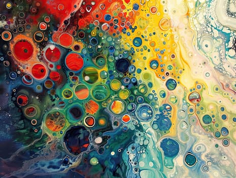 A captivating display of color and form showcases fluid art featuring a mix of vibrant circular patterns and intricate designs on a textured surface.