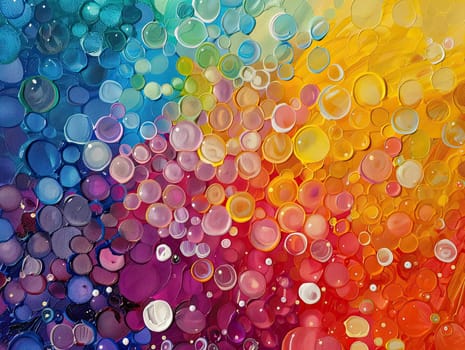 Rich hues transition smoothly through the canvas, showcasing clusters of vibrant bubbles in shades of blue, purple, red, and orange, creating a striking abstract composition.