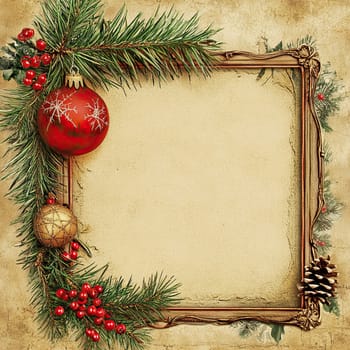 A vintage frame, embellished with lush pine branches and red ornaments, creates a warm holiday feel. Berries and pinecones add to the festive atmosphere.