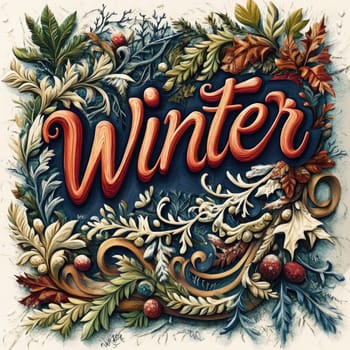 An ornate winter-themed illustration showcases the word Winter surrounded by detailed leaves, berries, and a vibrant backdrop, creating a festive atmosphere.
