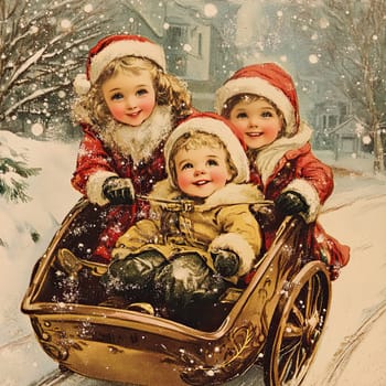 Three happy children dressed in winter attire are joyfully riding in a sleigh while surrounded by gently falling snow. The scene captures the essence of the holiday spirit.