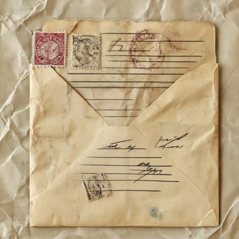 A weathered envelope adorned with vintage postage stamps reveals a handwritten address. The aged paper and faded markings tell stories of communication from a bygone era.