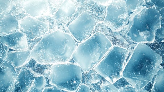 A collection of clear ice cubes is spread across a blue surface, highlighting their crisp texture and shimmering transparency in bright light, creating a cool visual effect.