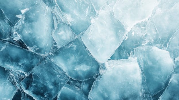 The clear ice cubes are arranged in an overlapping pattern, showcasing varying shades of blue. They reflect light, creating a bright and cool atmosphere.