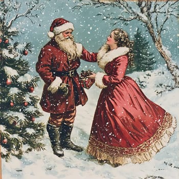In a charming winter setting, Santa Claus hands a beautifully wrapped gift to a woman dressed in a lovely red gown, as snowflakes gently fall around them.
