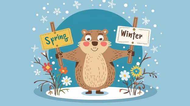 A whimsical groundhog holds two signs indicating the transition between winter and spring. snowflakes fall on one side, and flowers bloom on the other, illustrating seasonal change in a charming design.