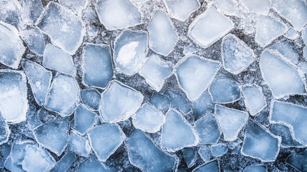 A collection of irregularly shaped light blue ice fragments covers a dark surface, illustrating the contrast between icy textures and colors in a winter setting.