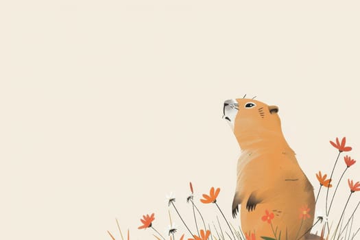 Minimalist groundhog day card featuring a simple groundhog illustration with its shadow on a white background, accented by vibrant spring flowers. ideal for modern, seasonal greetings and design projects.