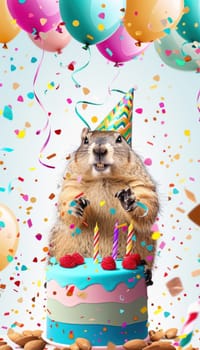 Groundhog day card featuring a cute groundhog in a party hat popping out of a vibrant birthday cake. the lively background includes balloons, confetti, and space for personalized messages, perfect for festive occasions.