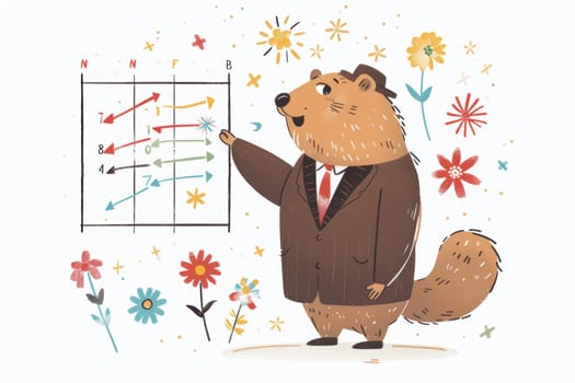 Charming illustration of a groundhog in a suit pointing to a whimsical chart, symbolizing unpredictable groundhog day forecasts with snowflakes and flowers amidst a playful, seasonal backdrop.
