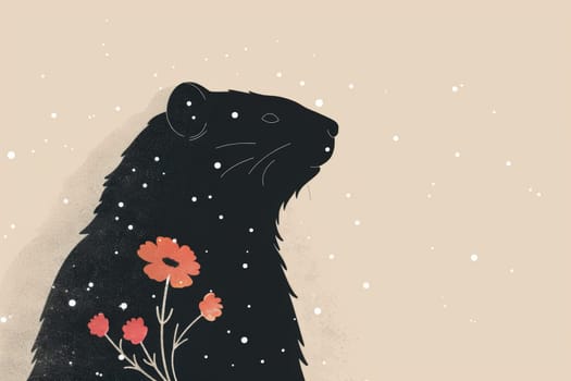 A minimalist illustration featuring a groundhog's silhouette with snowflakes on one side and blooming flowers on the other, symbolizing groundhog day's transition from winter to spring.