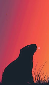 Stylized groundhog day card showcasing a minimalist silhouette of a groundhog against a gradient background that transitions from winter to spring. the modern design employs vibrant hues and sleek lines, ideal for seasonal greetings and festive designs.