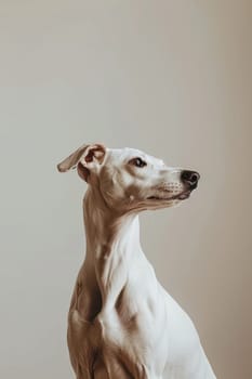 Whippet poses gracefully against a neutral backdrop, its sleek, smooth coat and delicate frame. studio lighting enhances the breed's refined elegance, creating a timeless, sophisticated image ideal for pet photography, decor, or print.