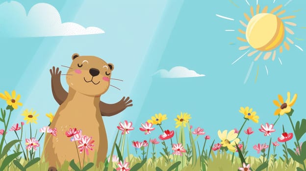 Cheerful groundhog day card featuring an adorable groundhog waving amidst blooming spring flowers. a bright sun shines in a clear blue sky, adding warmth and joy to the scene. ideal for festive greetings.