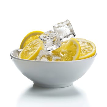 A white bowl holds vibrant lemon slices topped with clear ice cubes, creating a refreshing and appealing display ideal for summer drinks.