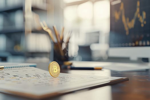 Golden bitcoin placed on a calendar in a contemporary office setting, symbolizing the convergence of time, value, and financial strategy in the corporate world. photorealistic textures enhance the professional atmosphere.