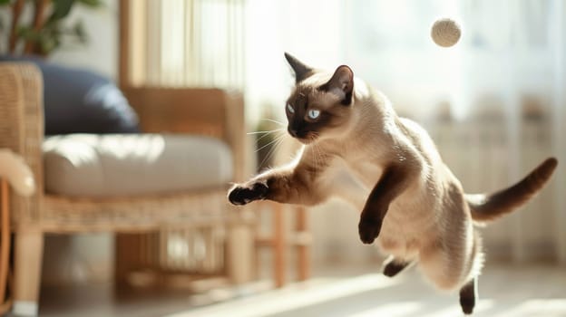 Siamese cat dynamically jumps to catch a toy in mid-air within a sunlit, modern home setting. the composition highlights the sleek feline's energy and playful nature against the contemporary interior design.