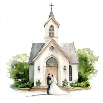 Image of bride and groom near church. High quality photo