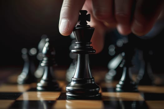 A detailed depiction of a hand knocking over a chess king on a board, symbolizing a strategic triumph. the image features high-detail textures and dramatic lighting, adding depth and intensity to the scene.