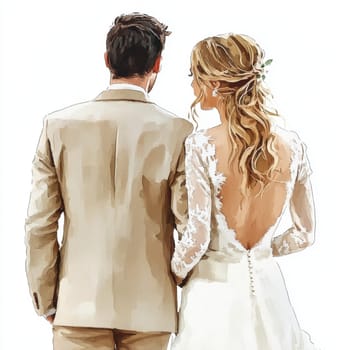 Image of the bride and groom in wedding dresses. Rear view. High quality photo