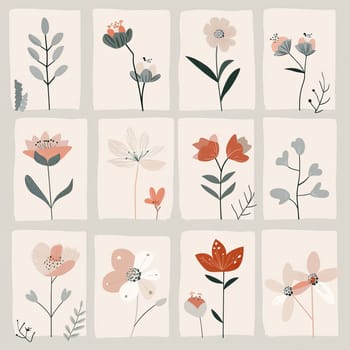 A collection of twelve unique floral designs features various flowers and leaves arranged within a grid layout, highlighting vibrant colors and simple elegance.