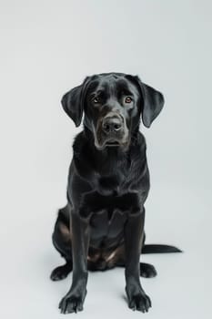 Black labrador sitting in a studio with a white background, featuring a sleek shiny coat. the dog's bright and alert eyes gaze directly into the camera, showcasing its poise and attentive nature.
