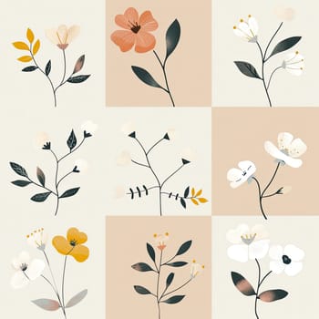 A collection of various flower designs and leaves arranged in a grid pattern, featuring warm and neutral tones that create a harmonious aesthetic.