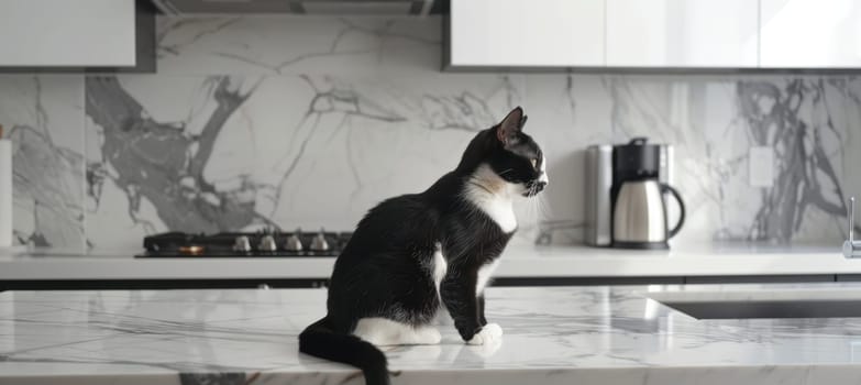 A refined tuxedo cat sits elegantly on a marble countertop in a contemporary kitchen. the minimalist design and polished surfaces complement the cat’s shiny black and white fur, creating a stylish and serene atmosphere.