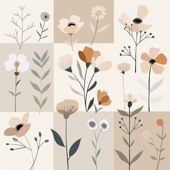 A collection of delicate floral illustrations features an array of flower types and shapes in soft pastel hues against a muted backdrop, highlighting their beauty and variety.