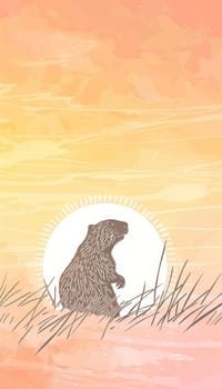 Stylized groundhog silhouette against a glowing sunrise on a grassy hill, set in gentle pastel hues. ideal for groundhog day cards. includes space for celebration text, blending nature and festivity.
