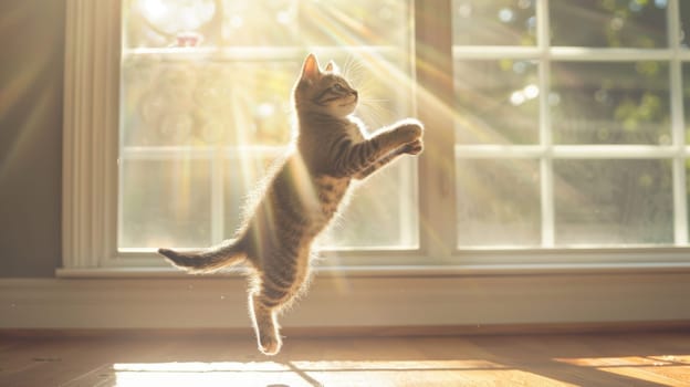 A dynamic shot of a tabby kitten in mid-air as it leaps to catch a toy, set in a bright room with sunlit windows. the lively, playful scene joy and energy of pets, ideal for promoting pet products.