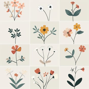 This artwork features a grid of twelve unique floral illustrations, capturing the beauty of different flowers in a charming, minimalist style with pastel colors.