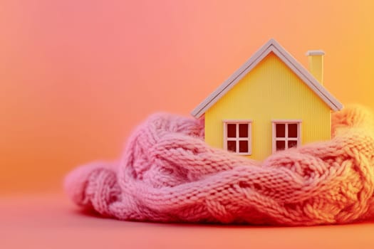 Cozy, flat toy house on isolated background. House is covered with cute woolen scarf in cold season. High quality photo