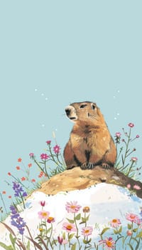 Illustrative groundhog day card featuring a groundhog atop a hill surrounded by melting snow and vibrant early spring flowers under a clear blue sky. ample space at the bottom allows for customizable text.