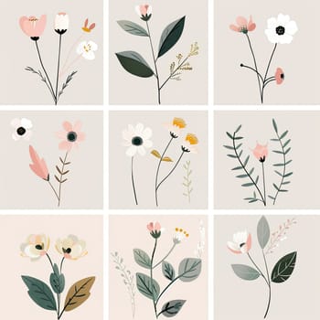 A vibrant collection of floral illustrations features a variety of flowers and leaves arranged in a grid. The soft background enhances the beauty of each design, ideal for art lovers.