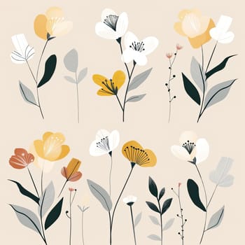 A vibrant display of various wildflowers, including yellow, white, and orange blooms, surrounded by green leaves on a soft light background, capturing the essence of spring.