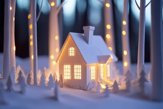 3D model of a small house on the background of a winter forest. High quality photo