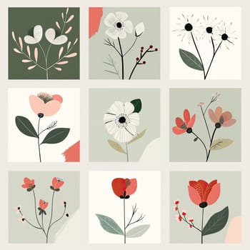 A vibrant collection of botanical illustrations featuring a variety of flowers and leaves in a grid format, with soft colors enhancing the overall composition.