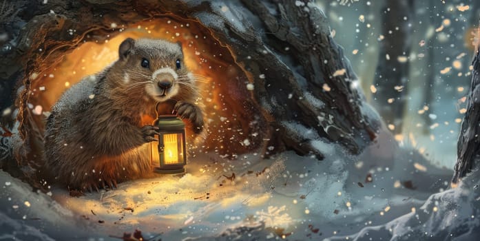 Groundhog holding a lantern, peeking from its burrow at dusk during groundhog day. warm lighting and gentle snowflakes create a cozy atmosphere, perfect for greeting card or poster designs with space for text.