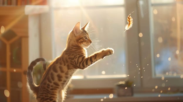 Lively bengal kitten leaping mid-air, reaching for a feather toy in a sunlit room. large windows flood the scene with warm light, the kitten's playful energy against a serene background.