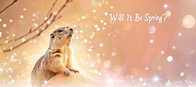 Groundhog peeks from its burrow, surrounded by sparkling sunlight and soft focus effects. features the caption "will it be spring?" against a warm, vibrant background with budding branches and sparkling lights.