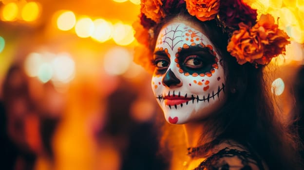 Body art on a woman's face, a wreath of roses on the city. Death costume at a party. High quality photo