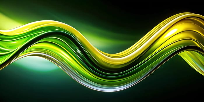Dynamic green and yellow waves ripple across a dark backdrop, creating a sense of motion and depth. The smooth curves evoke a feeling of fluidity and energy.