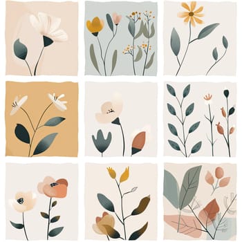 This artwork features a grid of floral illustrations, showcasing a variety of flowers and leaves in soft, earthy tones, perfect for home decor or nature lovers.