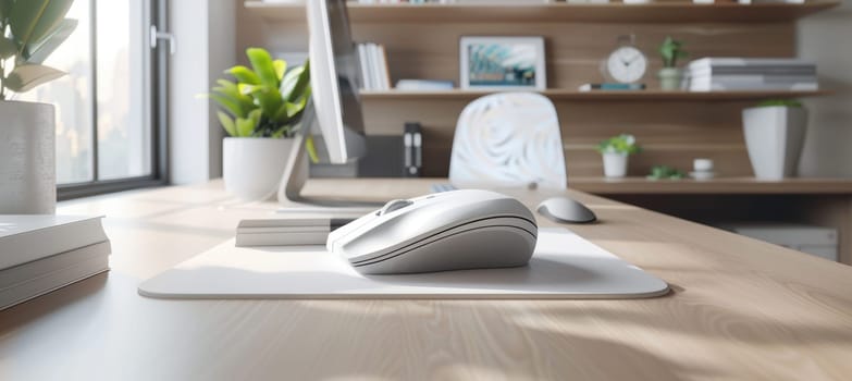 Ergonomic office supplies, including a mouse and keyboard, on a minimalist desk. a bright, modern workspace with plants and shelves in the background enhances a sense of organized, comfortable productivity.