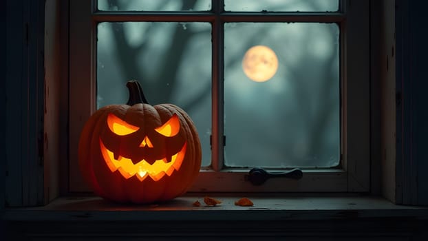 halloween pumpkin with scary face on the window, generative ai. High quality photo