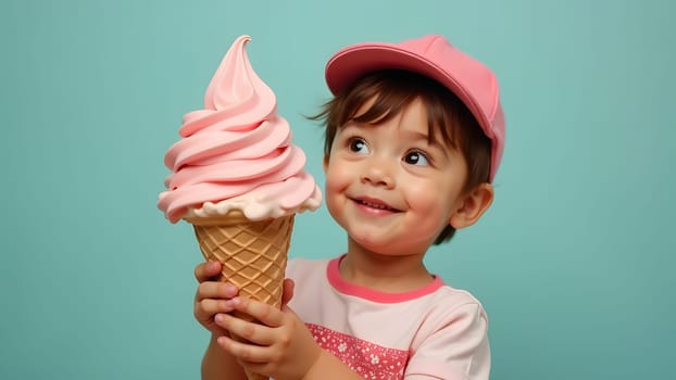 happy small boy with huge ice cream cone, generative ai. High quality photo