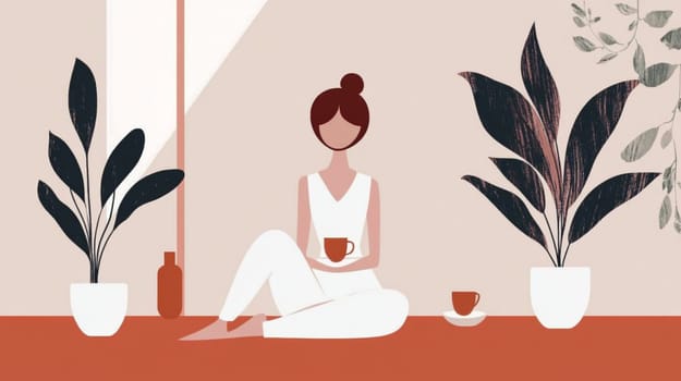 Young woman sits on the floor, enjoying tea in her cozy home surrounded by plants, creating a peaceful atmosphere. The minimalist design adds color and tranquility to her space