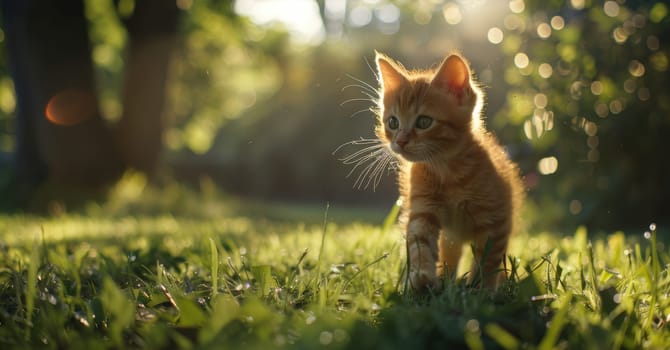 Orange tabby kitten stands inquisitively on a grassy lawn, bathed in soft morning sunlight. its fur glows warmly, its playful curiosity. the serene garden backdrop adds to the idyllic scene.