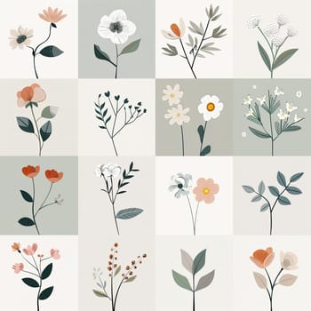 A collection of artistic floral patterns featuring diverse flowers and leaves arranged in a grid. The muted color palette creates a calming aesthetic, ideal for home decoration.